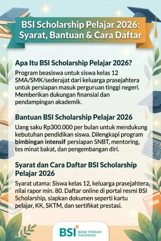BSI Scholarship Pelajar 2026 Syarat, Bantuan Rp300 Ribu per Bulan dan Cara Daftar