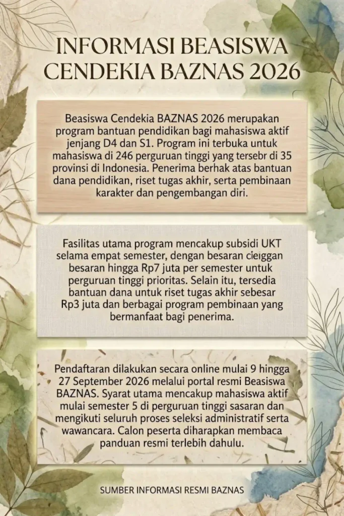 Beasiswa Cendekia BAZNAS 2026 Syarat Mahasiswa S1 dan Cara Daftar Online