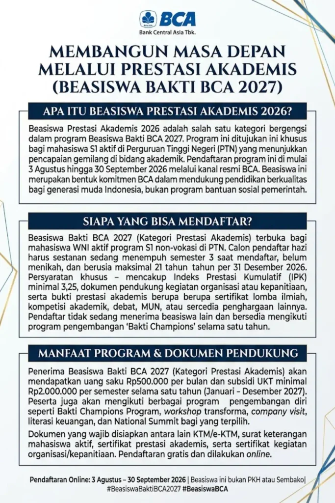 Beasiswa Prestasi Akademis 2026: Syarat, Besaran Bantuan dan Cara Daftar