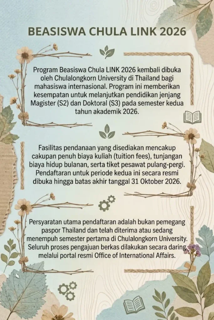 Beasiswa Chula LINK 2026 S2 S3 di Thailand, Cek Syarat dan Benefitnya