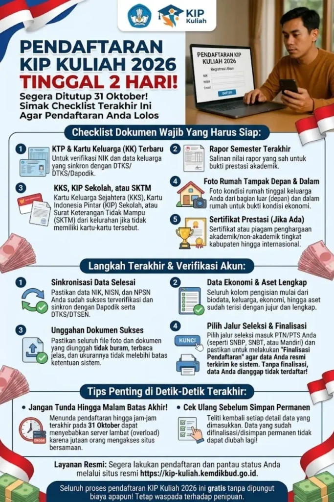 Pendaftaran KIP Kuliah 31 Oktober 2026 Tinggal 2 Hari, Cek Checklist Terakhir Sebelum Ditutup